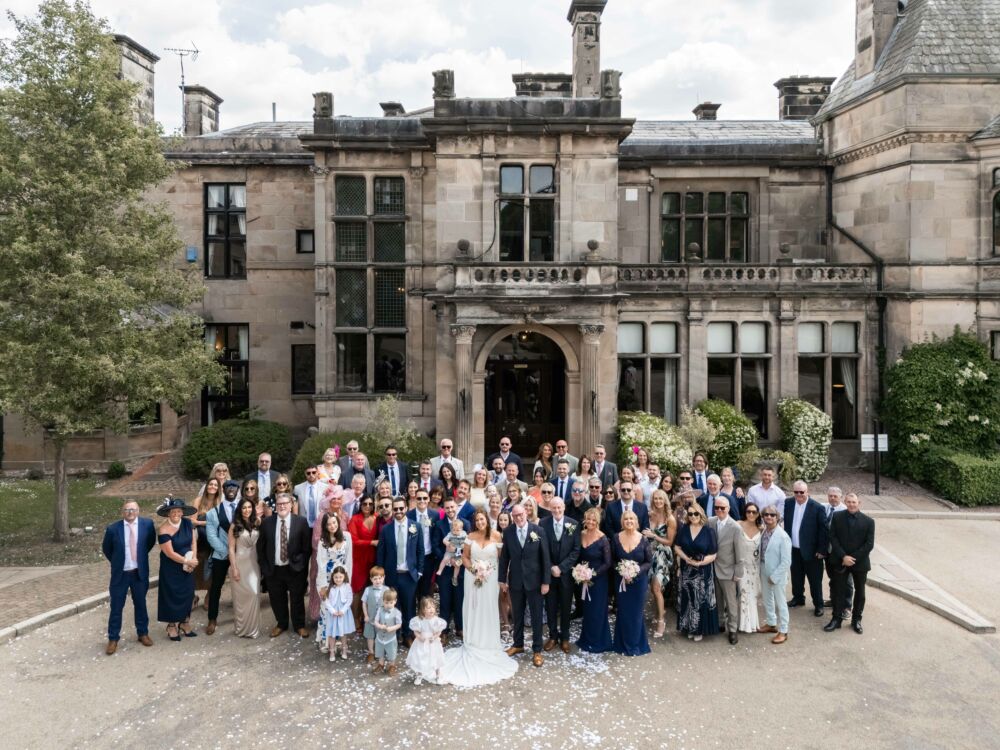 wedding party drone photo, rookery hall wedding