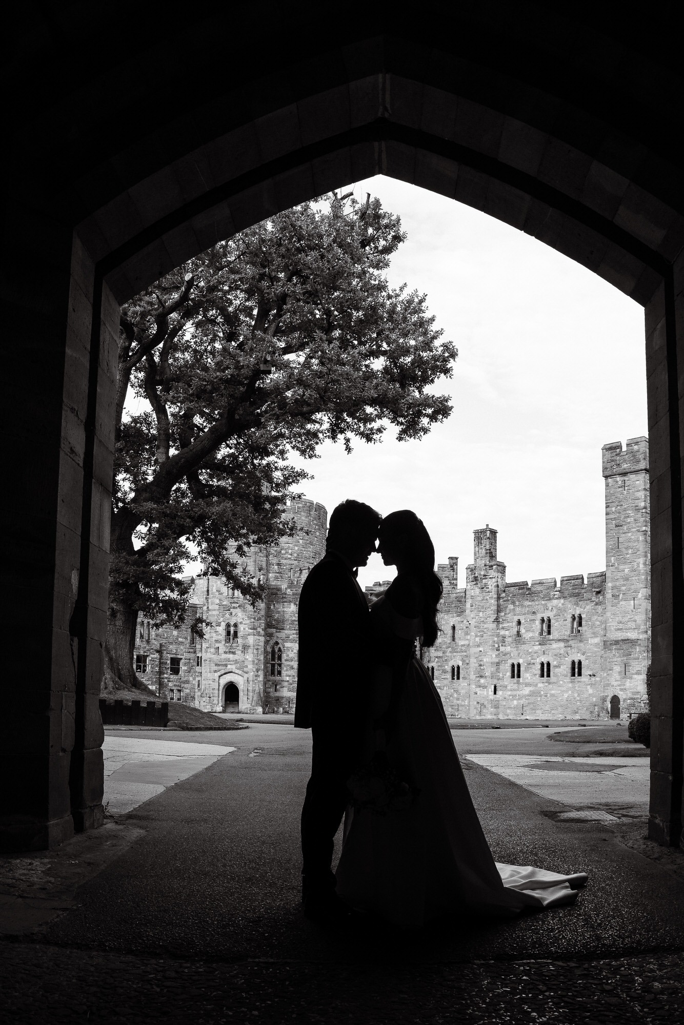 silhouette of couple with castle behind them